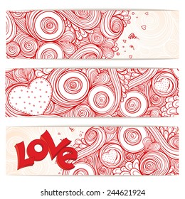 Holiday doodle background. Set of hearts Valentines day cards with doodles on ornate pattern. Hand-Drawn 3D LOVE Lettering Design Element. Sketch of love and hearts doodles, vector illustration.