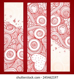 Holiday doodle background. Set of hearts Valentines day cards with doodles on ornate pattern. Hand-Drawn Design Elements. Sketch of love and hearts doodles, vector illustration.