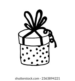 Holiday doodle gift box, cute present for birthday. Hand drawn vector illustration. Element for greeting cards, posters, stickers and seasonal design. Isolated on white background