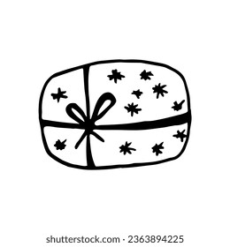 Holiday doodle gift box, cute present for birthday. Hand drawn vector illustration. Element for greeting cards, posters, stickers and seasonal design. Isolated on white background