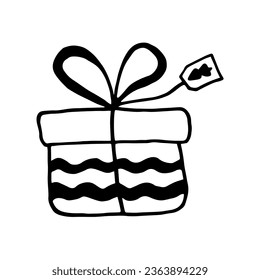Holiday doodle gift box, cute present for birthday. Hand drawn vector illustration. Element for greeting cards, posters, stickers and seasonal design. Isolated on white background