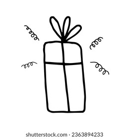 Holiday doodle gift box, cute present for birthday. Hand drawn vector illustration. Element for greeting cards, posters, stickers and seasonal design. Isolated on white background