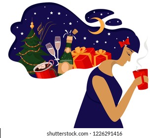 Holiday dreams. Cute girl who dreams of winter holidays, inhaling the smell of coffee. Winter theme.Vector cartoon illustration