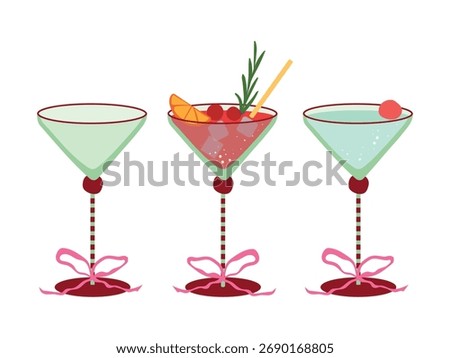 Holiday drinks in cocktail glasses vector illustration set. Festive martini glasses, alcoholic drinks, garnishes, decorated with elegant bows isolated on white background. Christmas party beverage
