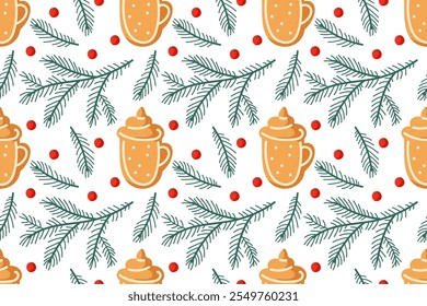 Holiday drinks, pine branches, and red berries form a festive winter pattern on white
