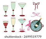 Holiday drinks vector illustrations set. Festive cocktail, wine and champagne glasses with ribbons, bottle in ice bucket isolated on white background. Party alcoholic beverages and trendy glassware