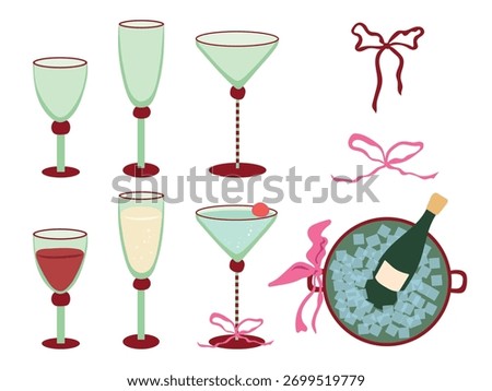 Holiday drinks vector illustrations set. Festive cocktail, wine and champagne glasses with ribbons, bottle in ice bucket isolated on white background. Party alcoholic beverages and trendy glassware