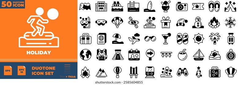 Holiday Duotone Editable Icons set. Vector illustration in modern thin duotone style of holiday icons: airplane, transportation, passport, etc