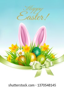 Holiday easter background with a colorful eggs and spring flowers and bunny rabbit ears. Vector.