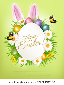 Holiday Easter background with a colorful eggs and spring flowers and rabbit ears. Vector.