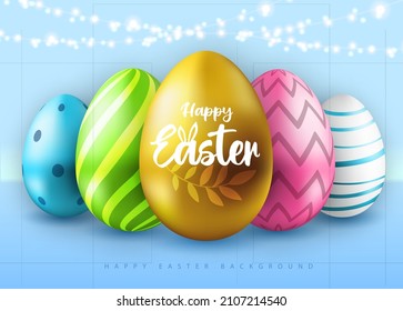 Holiday Easter background with colorful easter eggs and string of lights. Greeting card or poster. Vector illustration