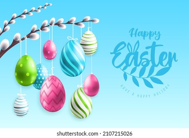 Holiday Easter background with colorful easter eggs handing on willow branch. Greeting card or poster. Vector illustration