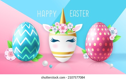 Holiday Easter background with colorful easter eggs. Easter egg like unicorn. Greeting card or poster. Vector illustration