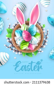 Holiday Easter background with colorful easter eggs and rabbit ears in the nest. Greeting card or poster. Vector illustration