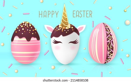 Holiday Easter background with colorful easter eggs. Easter egg like unicorn. Greeting card or poster. Vector illustration