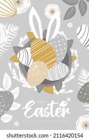 Holiday Easter background with colorful easter eggs and flowers. Greeting card or poster. Vector illustration