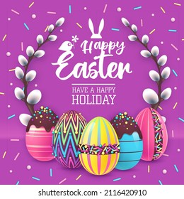 Holiday Easter background with colorful easter eggs and sweet decoration. Greeting card or poster. Vector illustration