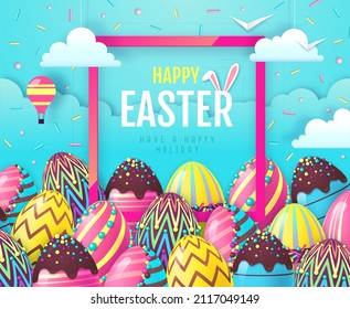 Holiday Easter background with colorful easter eggs and sweet decoration. Greeting card or poster. Vector illustration