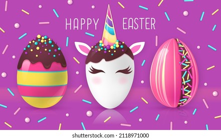 Holiday Easter background with colorful easter eggs. Easter egg like unicorn. Greeting card or poster. Vector illustration