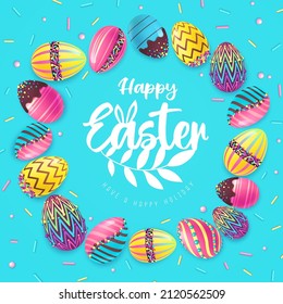 Holiday Easter background with colorful easter eggs and sweet decoration. Greeting card or poster. Vector illustration
