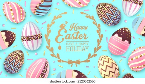 Holiday Easter background with colorful easter eggs and sweet decoration. Greeting card or poster. Vector illustration