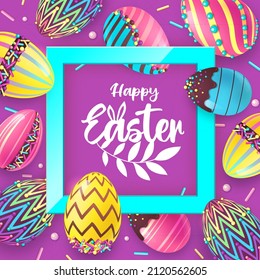 Holiday Easter background with colorful easter eggs and sweet decoration. Greeting card or poster. Vector illustration