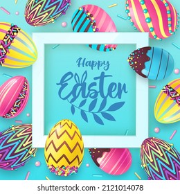 Holiday Easter background with colorful easter eggs and sweet decoration. Greeting card or poster. Vector illustration