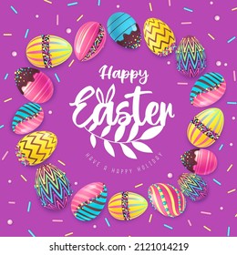 Holiday Easter background with colorful easter eggs and sweet decoration. Greeting card or poster. Vector illustration