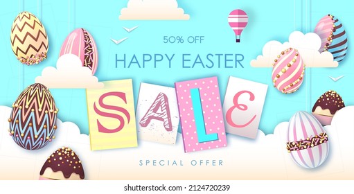 Holiday Easter background with colorful easter eggs and clouds. Easter sale poster. Vector illustration
