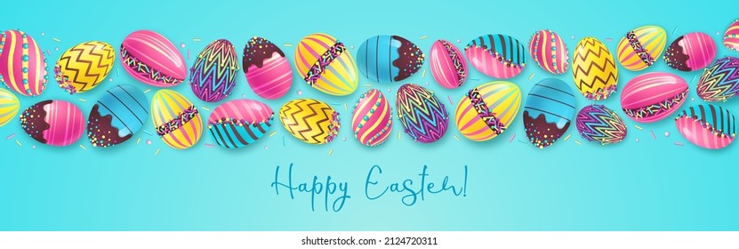 Holiday Easter background with colorful easter eggs and sweet decoration. Greeting card or poster. Vector illustration