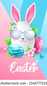 Holiday Easter background with colorful easter eggs. Easter egg with rabbit ears. Greeting card or poster. Vector illustration