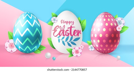 Holiday Easter background with colorful easter eggs. Greeting card or poster. Vector illustration