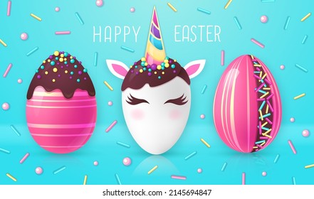 Holiday Easter background with colorful easter eggs. Easter egg like unicorn. Greeting card or poster. Vector illustration