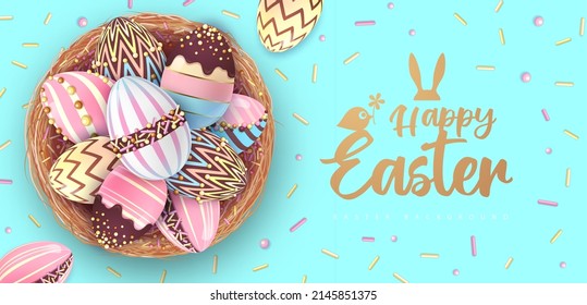 Holiday Easter background with colorful easter eggs and sweet decoration in bird nest. Greeting card or poster. Vector illustration