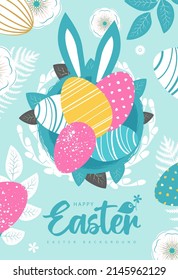 Holiday Easter background with colorful easter eggs and flowers. Greeting card or poster. Vector illustration