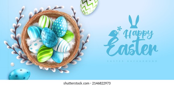 Holiday Easter background with colorful easter eggs in the nest. Greeting card or poster. Vector illustration