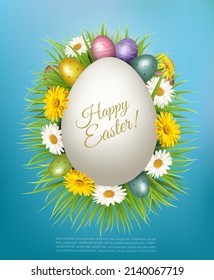 Holiday easter background with easter eggs, spring flowers and grass. Vector.