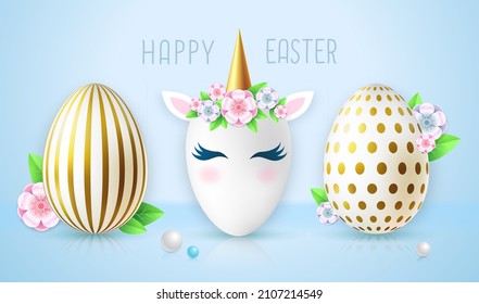 Holiday Easter background with golden easter eggs. Easter egg like unicorn. Greeting card or poster. Vector illustration