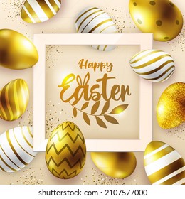 Holiday Easter background with golden easter eggs. Top view. Greeting card or poster. Vector illustration