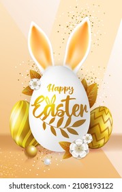 Holiday Easter background with golden easter eggs. Easter egg with rabbit ears. Greeting card or poster. Vector illustration