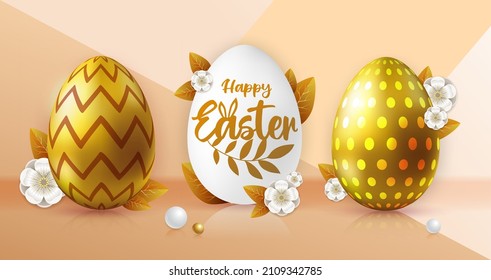 Holiday Easter background with golden easter eggs. Greeting card or poster. Vector illustration