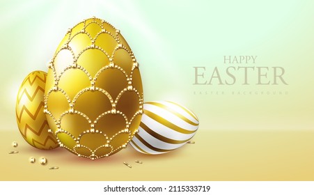 Holiday Easter background with golden easter eggs. Faberge egg. Greeting card or poster. Vector illustration