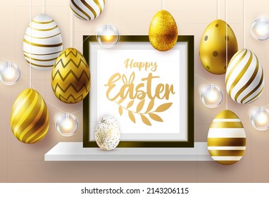 Feiertag-Osterhintergrund mit goldenen Ostereiern, Bilderrahmen und Lampen. Grußkarte oder Poster. Vektorgrafik