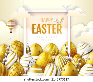 Holiday Easter background with golden easter eggs with paper sky and clouds. Paper design. Greeting card or poster. Vector illustration