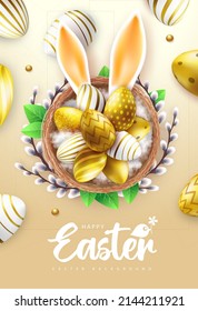 Holiday Easter background with golden easter eggs and rabbit ears in the nest. Greeting card or poster. Vector illustration