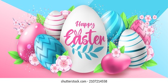 Holiday Easter background with pink and blue easter eggs, leaves and flowers. Greeting card or poster. Vector illustration