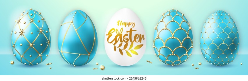 Holiday Easter background. Set of blue easter eggs. Faberge egg. Greeting card or poster. Vector illustration