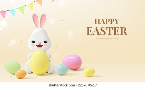 Holiday Easter banner template. Vector illustration with 3d bunny, colorful eggs, garland and golden confetti. Spring Easter background for decoration ad banners, posters, card or websites.