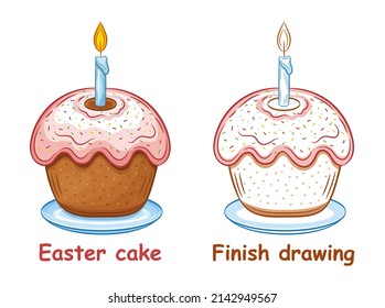 Pastel de Pascua de Navidad con niños con velas coloreando la página del libro, terminar el dibujo. Bizcocho de cristal festivo. Pastel de pan cristiano en el plato. Pastel de postre dulce. Los niños colorean. Juego educativo creativo. Vector