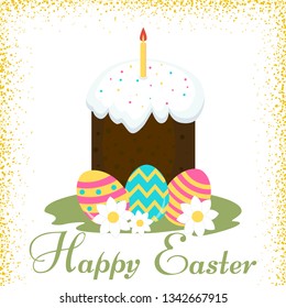 Holiday easter card. Abstract background with a happy easter cake, eggs  and  flowers. It can be used as a poster, banner, template, postcard, label. Vector illustration